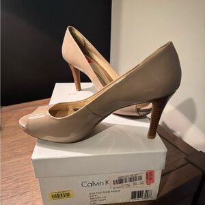 Calvin Klein Nude Patent Peep-Toe Heels